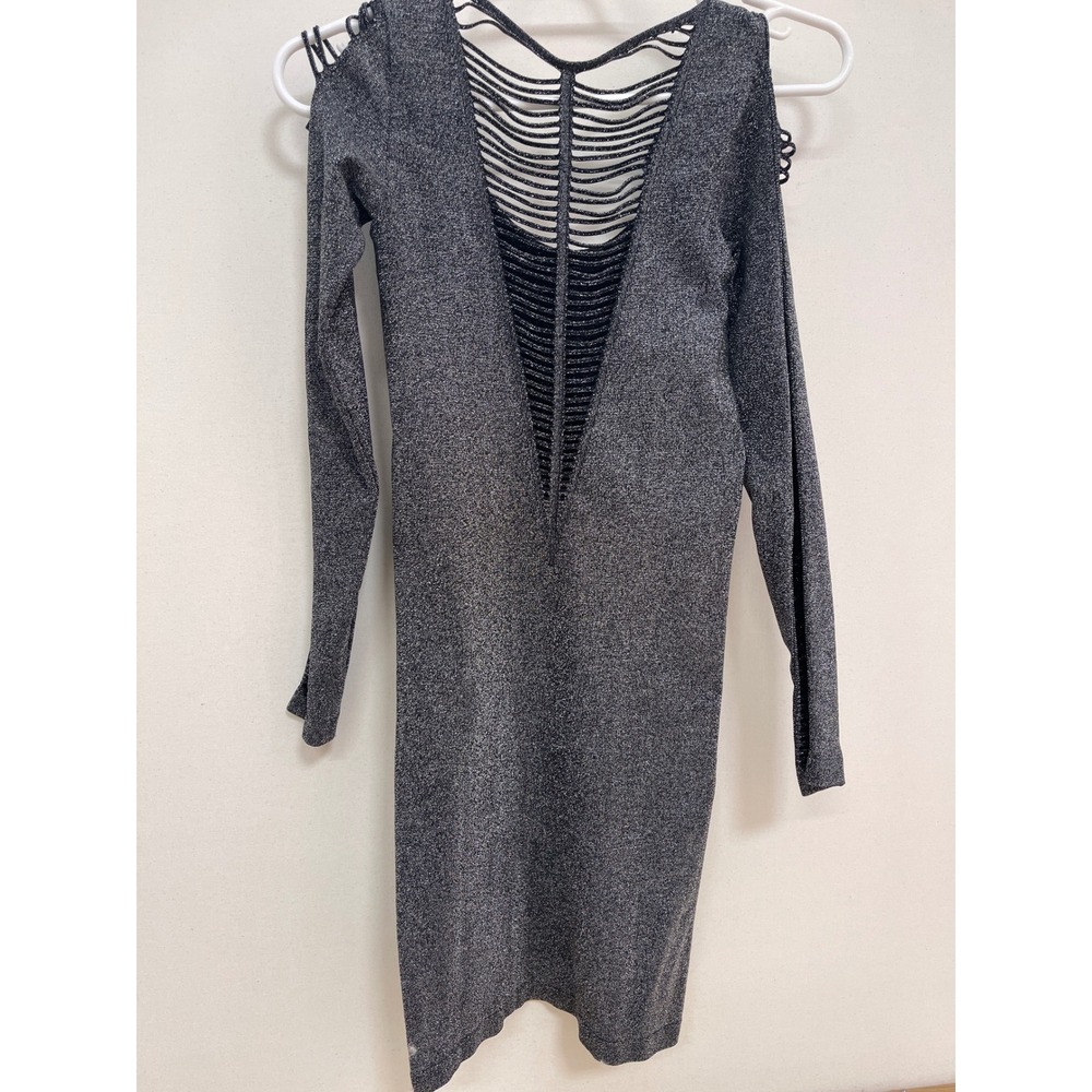 Bebe Metallic Black Silver Ladder Cutout Open Back Mini Dress Long Sleeve XS